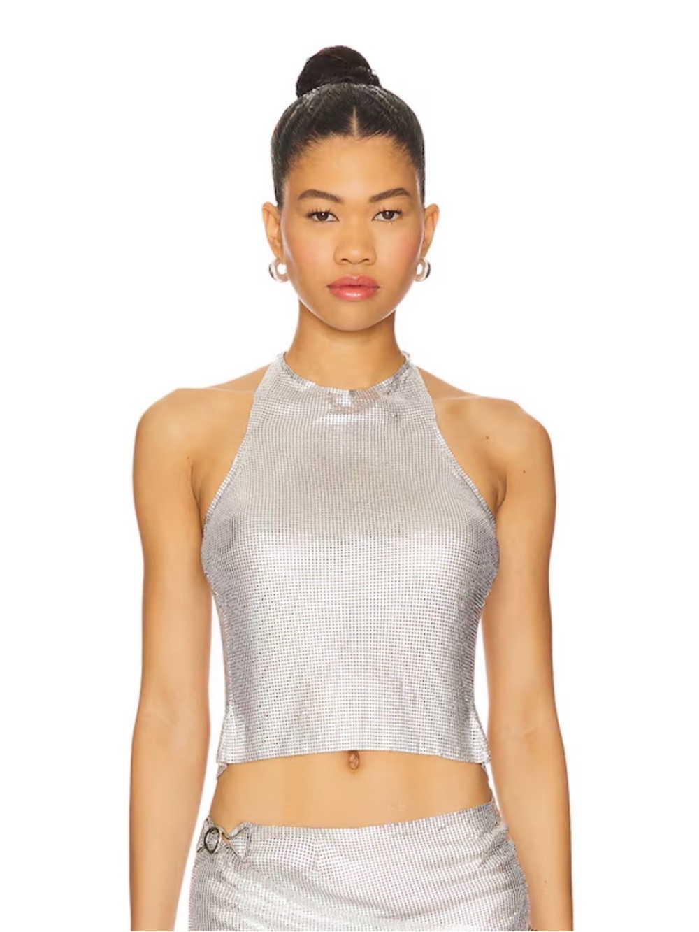 Metallic Silver Chainmail Halter Crop Top